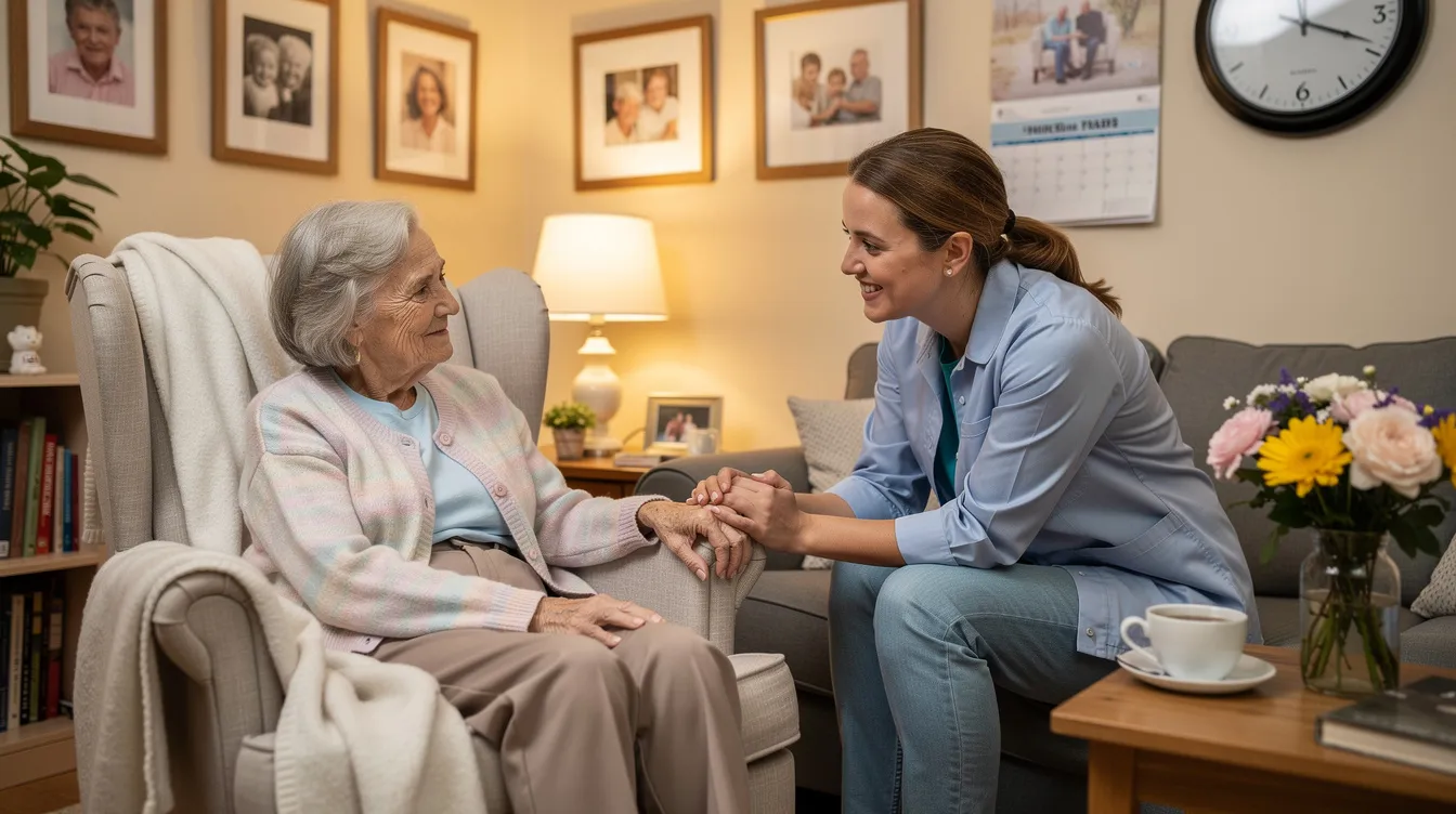 An elderly woman sits comfortably in a cozy living room, accompanied by a compassionate caregiver who provides support, highlighting the essence of memory care in Charlotte, NC. This scene emphasizes safety, dignity, and quality of life for seniors living with dementia, showcasing the importance of compassionate care in a home setting.