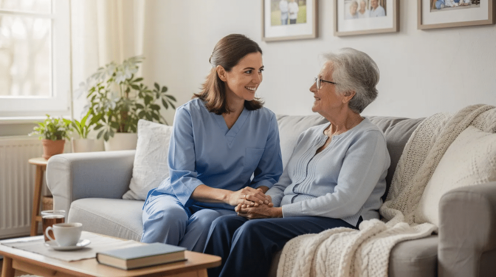 A caregiver and an older adult share a joyful moment in a bright living room, illustrating how senior caregiving services in Charlotte & the Triangle provide companionship and daily support at home.