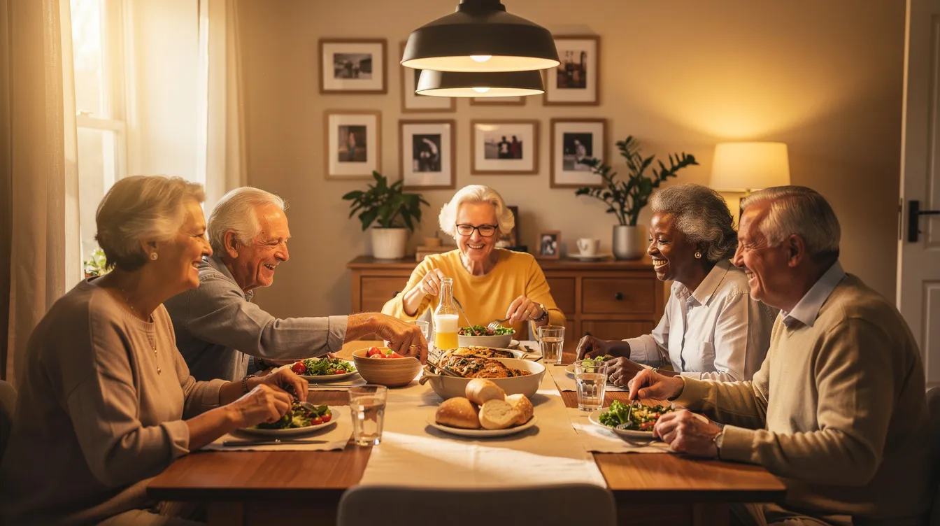 A group of older adults sits together at a dining table in a warm, well-lit room, enjoying a meal and sharing conversation. This inviting scene reflects the sense of community and companionship often found in senior living communities, where residents can engage in daily living activities in a supportive environment.