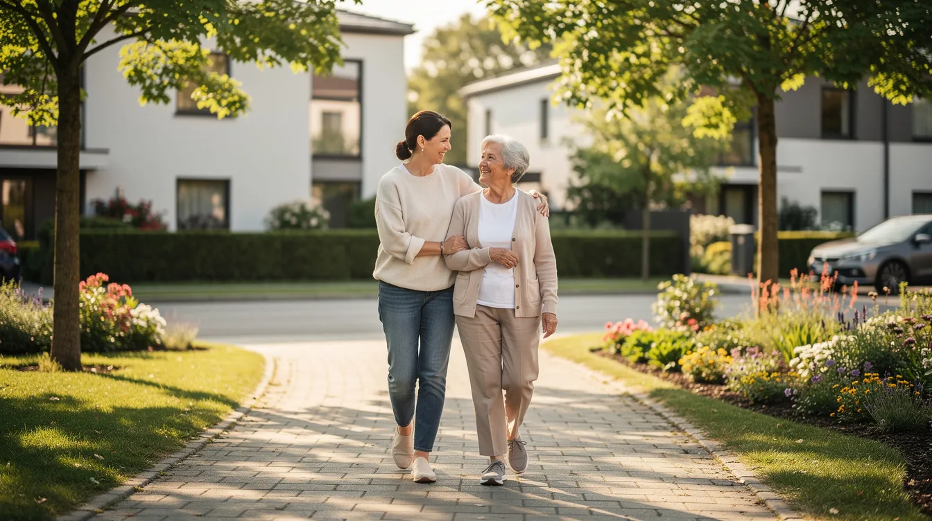 An adult daughter walks alongside her elderly mother on a scenic, tree-lined path in a residential community, symbolizing the importance of family support in senior living. This image reflects the nurturing relationships that often accompany the transition to independent living and assisted living facilities.