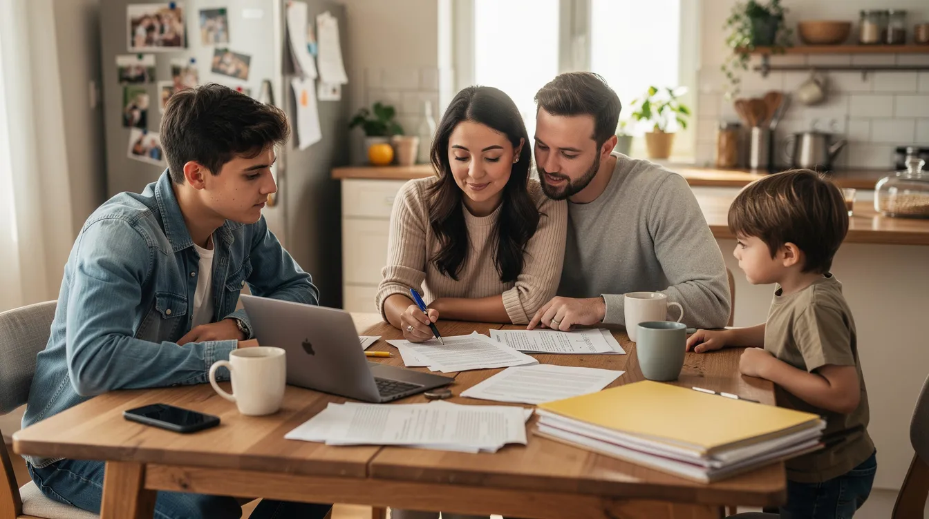 A family is gathered around a kitchen table, reviewing important documents together with focused expressions, fostering a sense of support and care for their loved one. This scene reflects the importance of family involvement in managing care needs, especially for those living with dementia or other cognitive diseases.