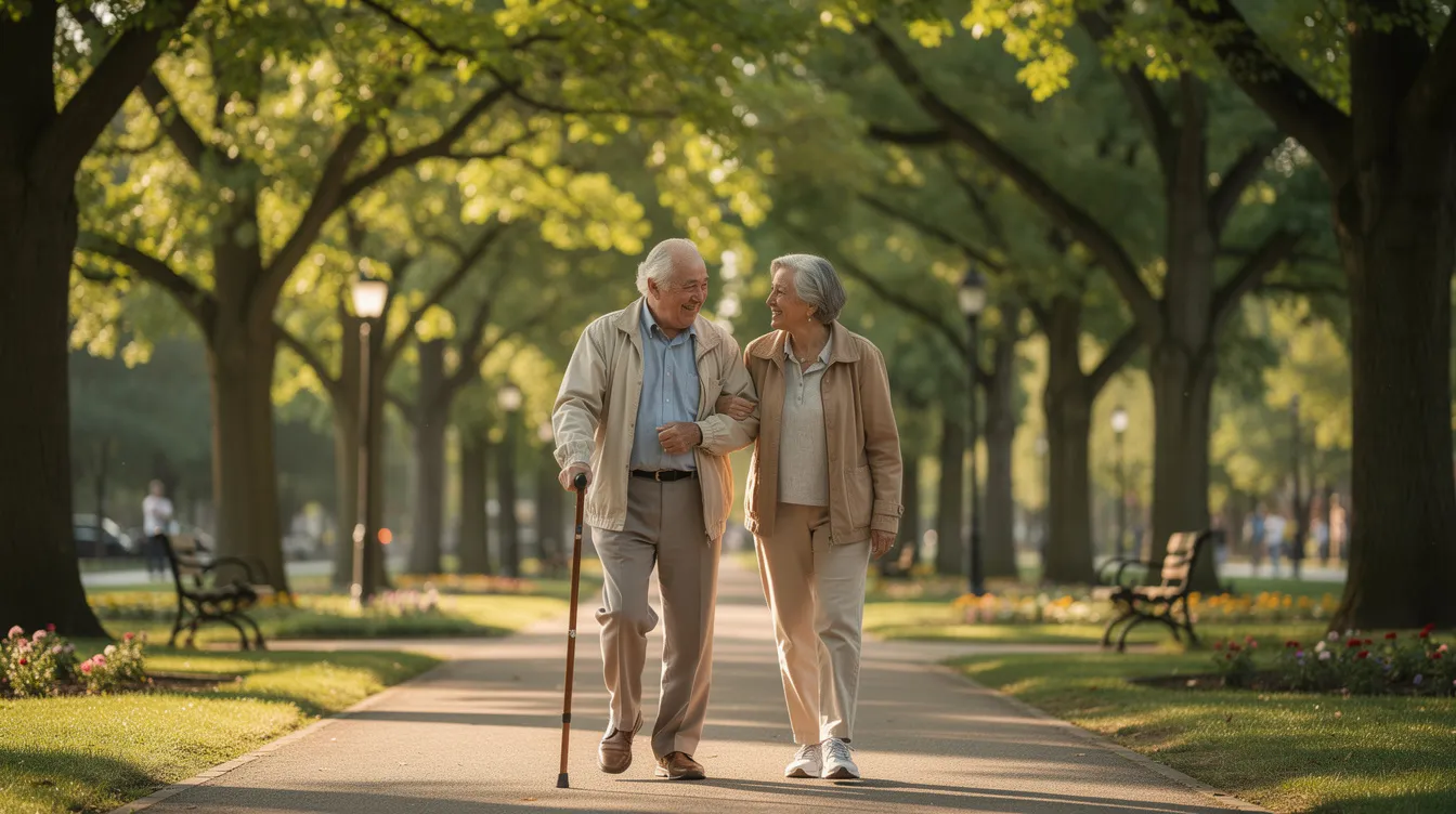 Two seniors enjoy a leisurely walk together on a peaceful, tree-lined path in a park, taking quality time to connect and support each other as they navigate daily activities. This scene reflects the importance of companionship and care for older adults, emphasizing the value of social interactions in senior care.