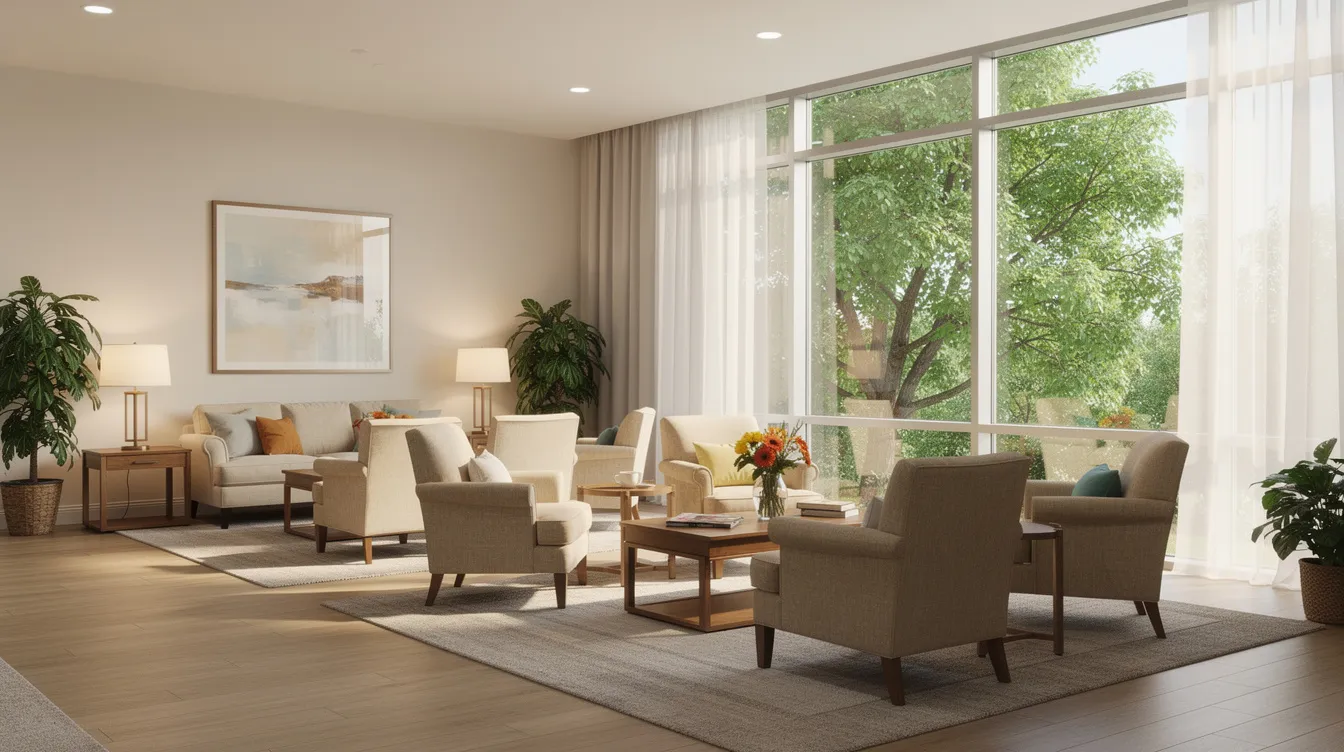 The image depicts a bright and inviting common area in a senior living community, featuring comfortable armchairs and large windows that allow natural light to fill the space. This cozy environment is designed to enhance the quality of life for older adults, promoting social interaction and relaxation within the community.