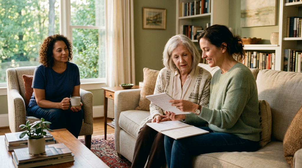 Adult daughter and caregiver supporting a senior with dementia in a warm, calm home setting in Charlotte