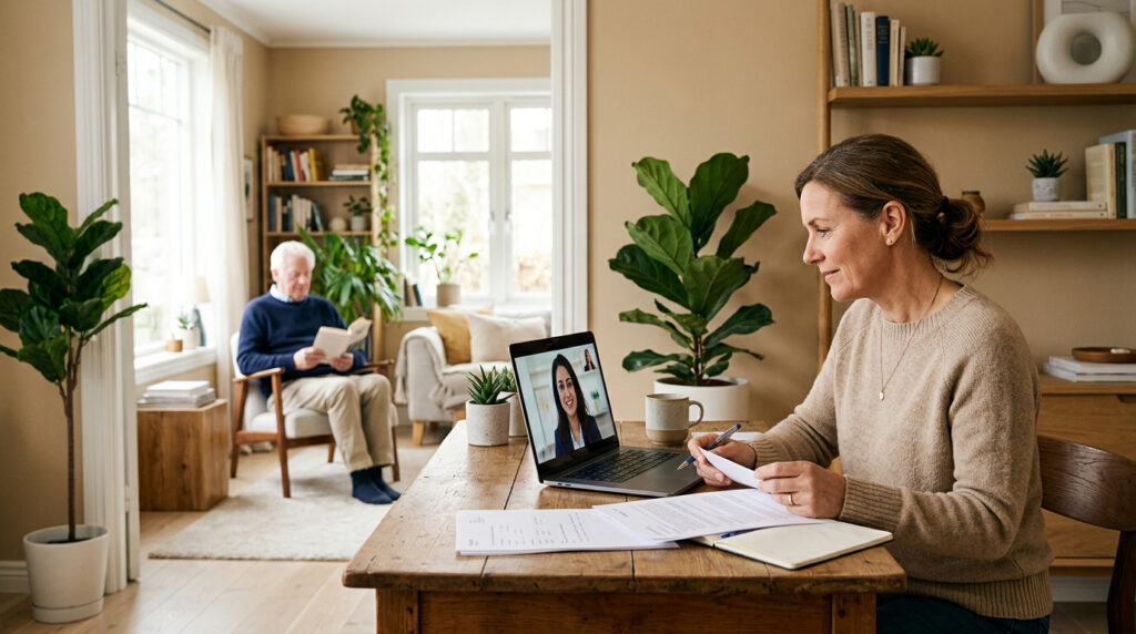 Senior Care Service support for a family caregiver consulting with an advisor while assisting an aging parent at home
