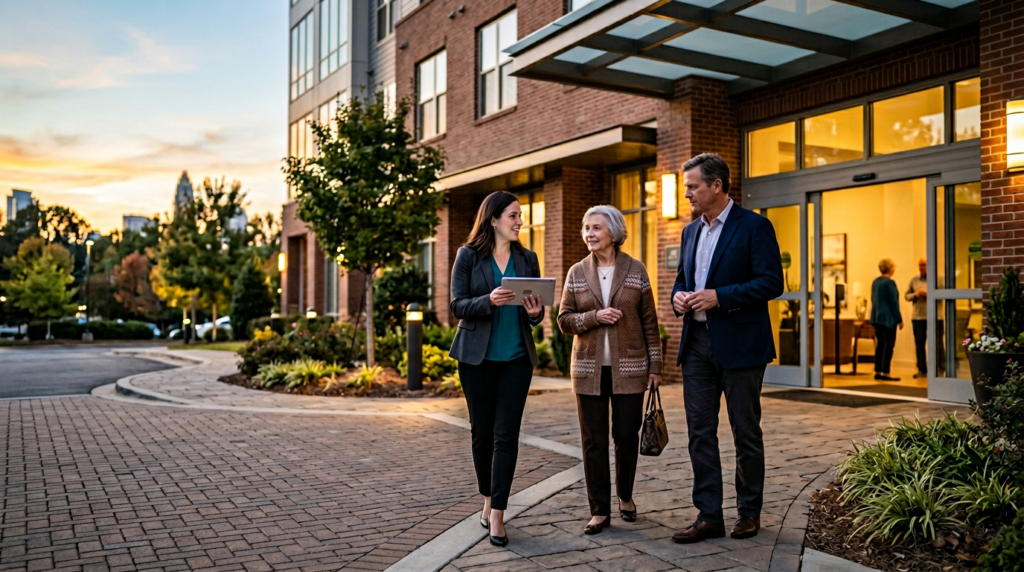 BlueDot Cares advisor guiding a family through a senior living community visit in Charlotte