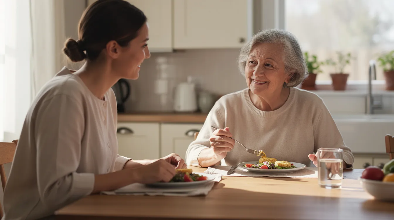 An older adult is seated at a kitchen table, enjoying a meal with a professional caregiver, highlighting the importance of respite care services for family caregivers. The warm and inviting atmosphere illustrates the emotional relief and support provided during caregiving duties.