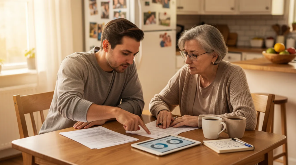 An adult child and their older parent sit together at a kitchen table, discussing various options for home care services, including personal care and health insurance plans. The atmosphere is warm and supportive, reflecting their commitment to ensuring the parent's independence and well-being through compassionate care.