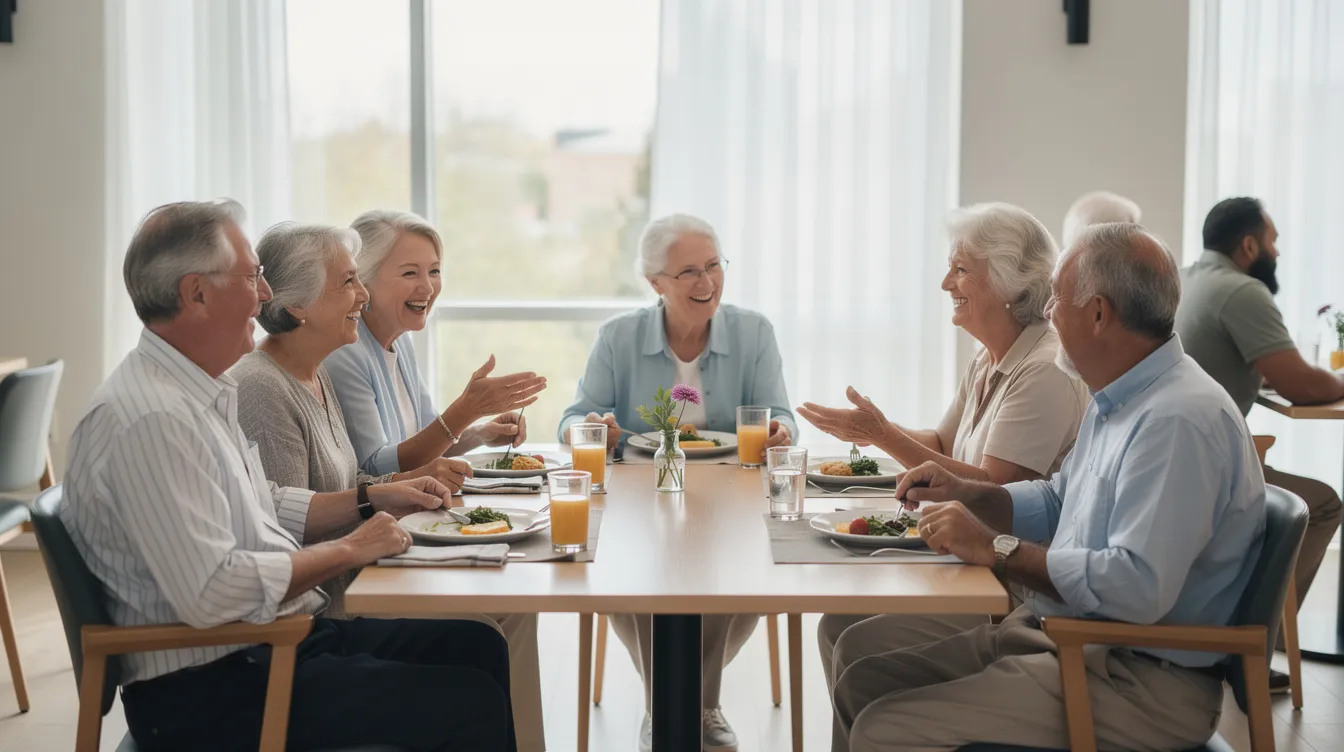Older adults enjoy a meal together in a bright senior living dining room, reflecting the social connections, daily support, and welcoming community environment often found in assisted living in Cincinnati, OH. The scene highlights how shared dining and resident engagement can contribute to quality of life and a strong sense of belonging.