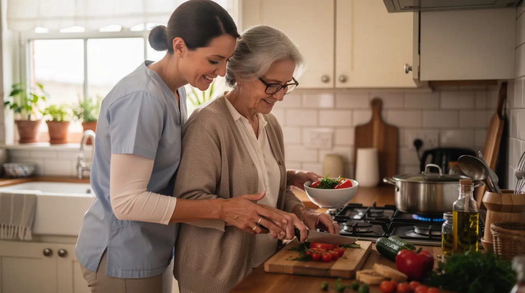 A caregiver and an older adult are engaged in meal preparation together, showcasing a moment of companionship and support in daily living activities. This scene reflects the compassionate care provided through home health care services, emphasizing the importance of maintaining independence for seniors in their own homes.