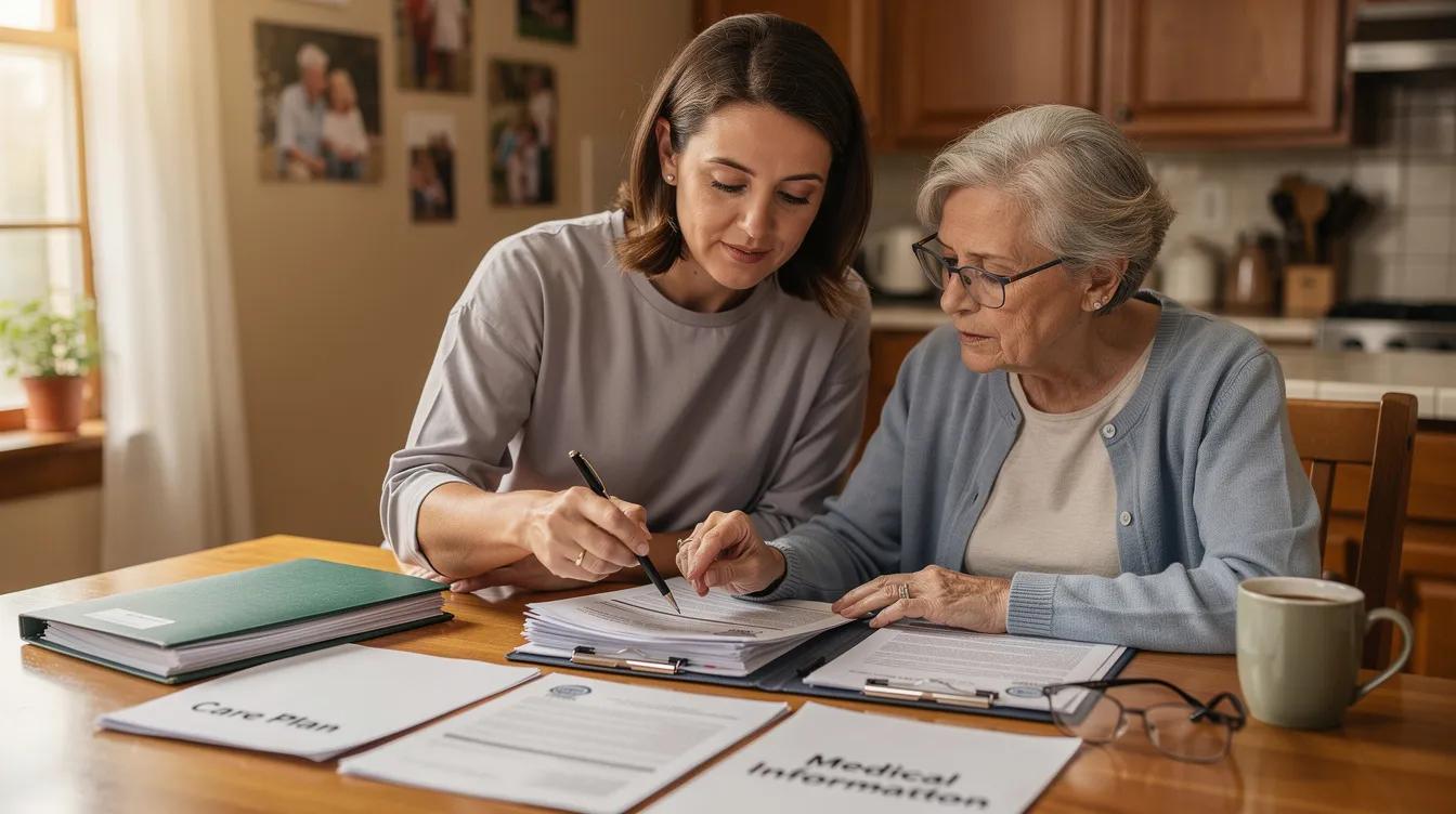 A family caregiver is seated at a kitchen table with an older parent, reviewing senior care paperwork together. This scene emphasizes the supportive environment of assisted living, highlighting the importance of family members in navigating care services for older adults.