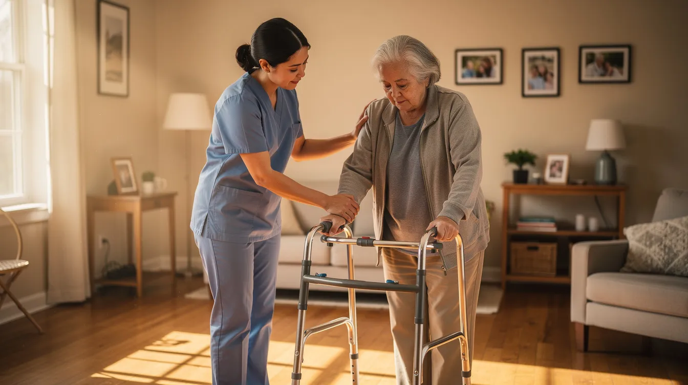 A caregiver is assisting a senior with mobility issues as they use a walker inside their home, ensuring a comfortable and safe environment. This scene highlights the importance of professional support for older adults, especially during nighttime hours, to promote their overall well-being and provide peace of mind for family members.