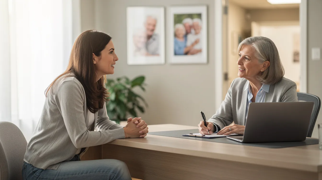 An adult daughter is engaged in a conversation with a senior care coordinator, discussing the various types of overnight care options available for her aging loved one. They focus on ensuring the overall well-being and safety of seniors, including medication reminders and support during nighttime hours.
