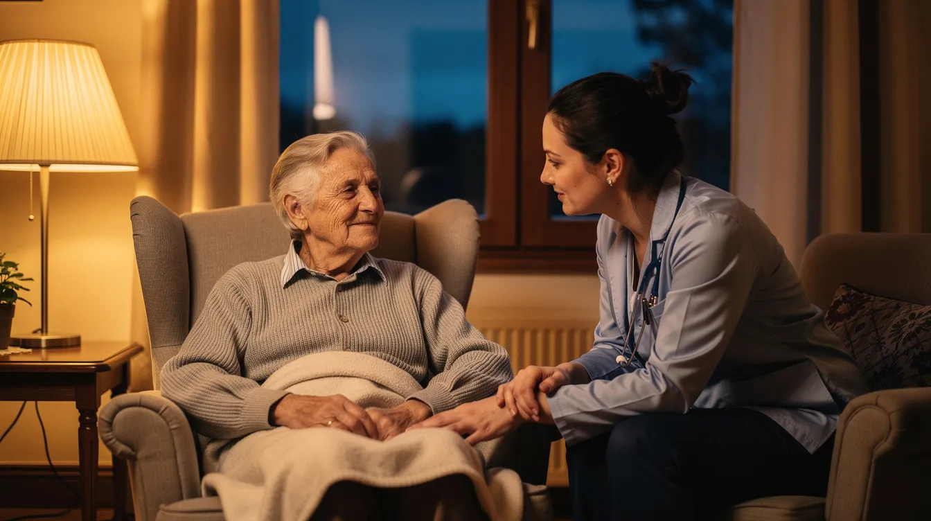A senior sits calmly with a professional caregiver during the evening hours, creating a comfortable environment that ensures their overall well-being. This scene highlights the importance of overnight support for older adults, providing peace of mind for family members and ensuring safety throughout the night.