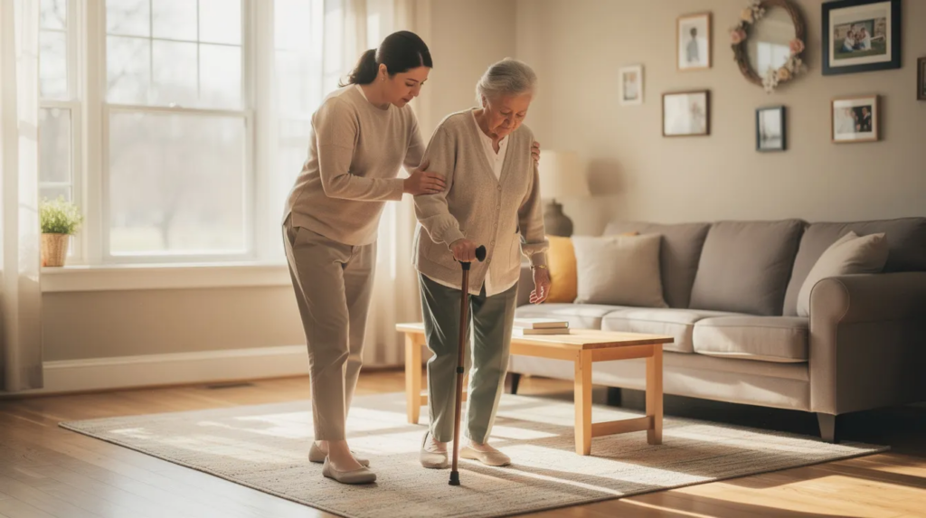 An adult daughter is assisting her older parent as they walk safely through a bright and inviting living room, illustrating how home healthcare services and in-home support can help older adults maintain independence, safety, and daily routines in a familiar environment.