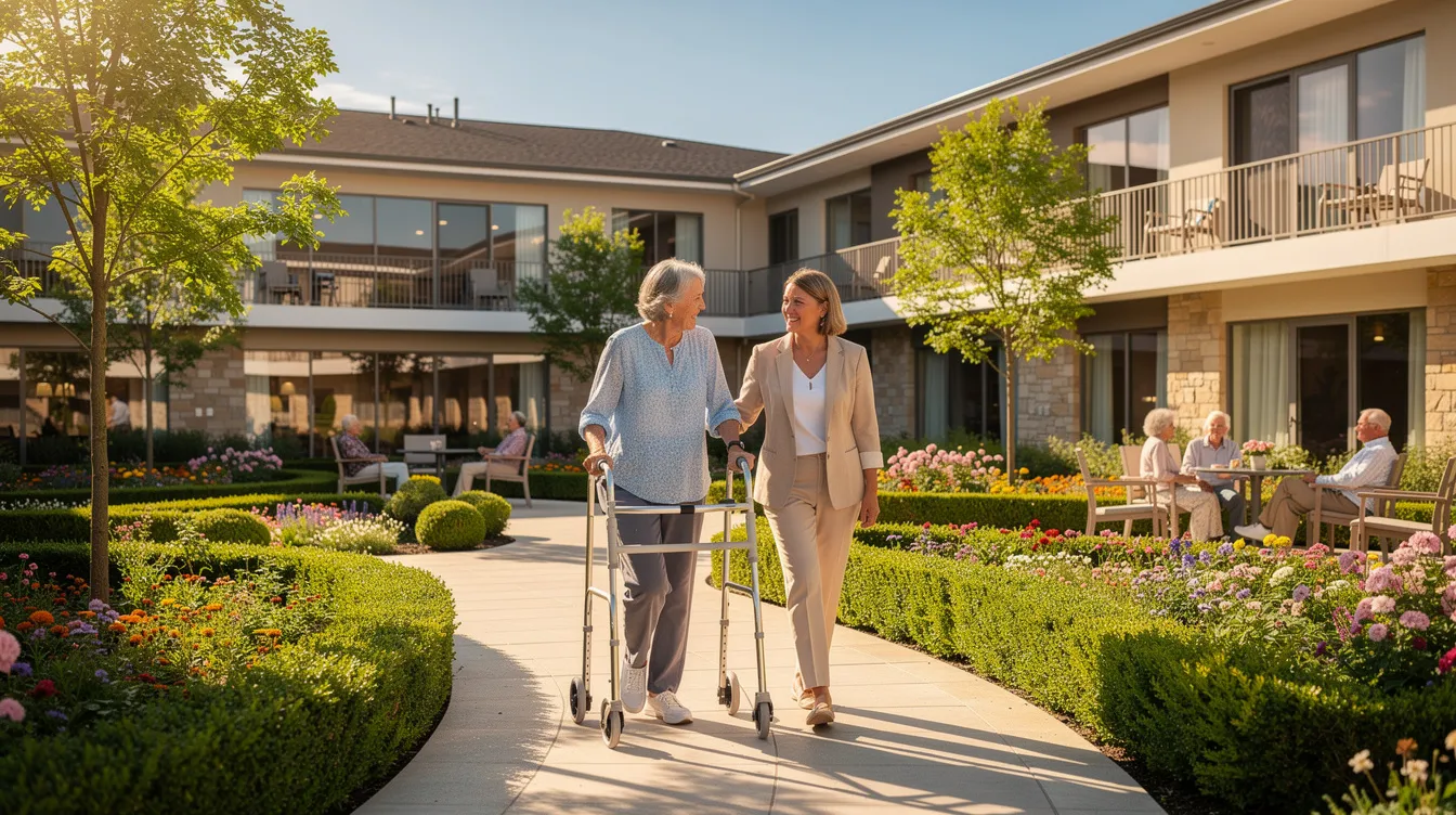 An adult child and their older parent are touring a senior living courtyard on a sunny day, illustrating how families evaluate retirement home options, community amenities, and the overall environment when comparing senior living communities and long-term care choices.