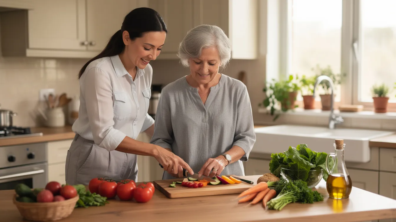 An older adult and a caregiver are preparing a simple meal together in a cozy home kitchen, illustrating how home healthcare services and in-home support can help individuals maintain daily routines, independence, and quality of life while remaining in their own home.