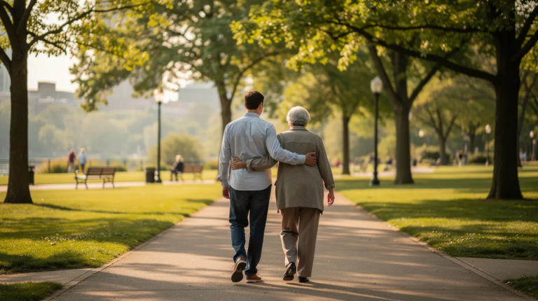 An adult child walks alongside their older parent on a serene, tree-lined path in Cincinnati, highlighting the family support and community connections that often influence decisions about assisted living in Cincinnati, OH. The scene reflects a safe, welcoming environment where older adults can remain active, engaged, and connected to those they love.