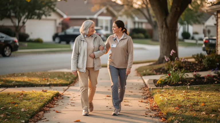 An older adult is walking with a caregiver along a quiet neighborhood sidewalk, showcasing the supportive relationship often found in senior living communities. This scene reflects the importance of personal care services and community life for independent living residents.