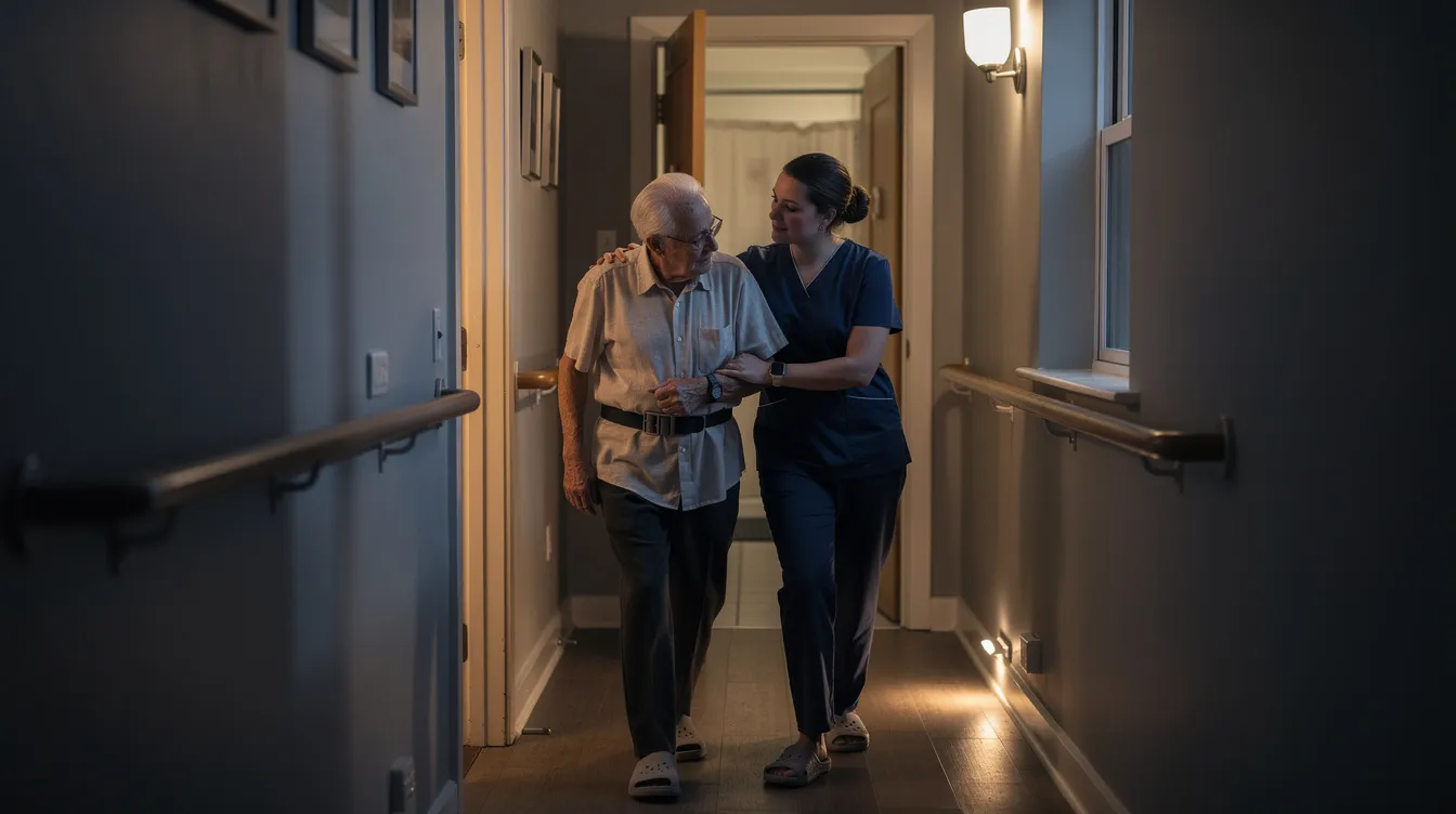 Overnight caregiver helping a senior safely walk through a hallway at night