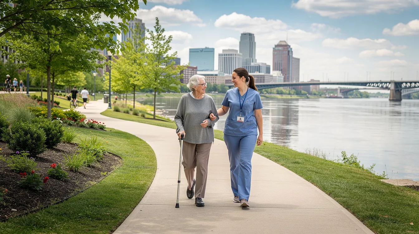 An older adult and their caregiver stroll along a beautifully landscaped riverfront path in Cincinnati, enjoying the supportive environment of the community. This scene reflects the essence of senior living, where residents can engage in daily activities while receiving personalized care and support from dedicated teams.