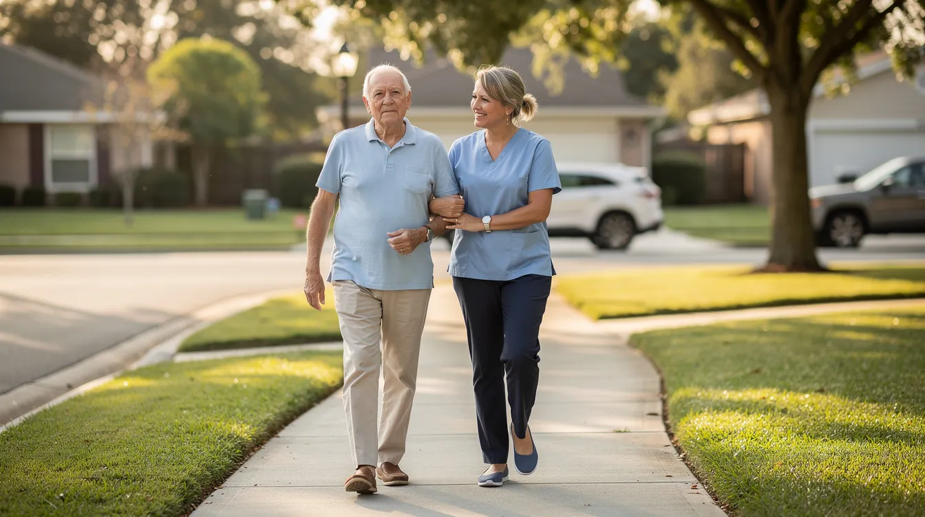 An older adult walks confidently alongside a professional caregiver on a peaceful neighborhood sidewalk, illustrating the importance of safe mobility and companionship for seniors. This scene highlights the role of respite care services in supporting family caregivers while providing emotional relief and peace of mind.