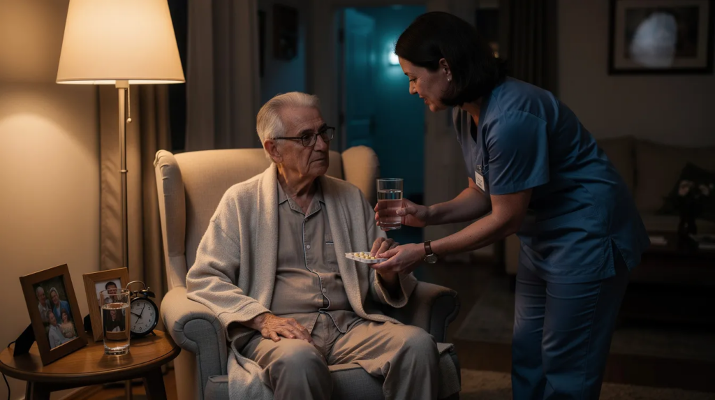 Overnight caregiver helping a senior safely walk through a hallway at night - Overnight Care for Seniors in Charlotte, the Triangle & Cleveland