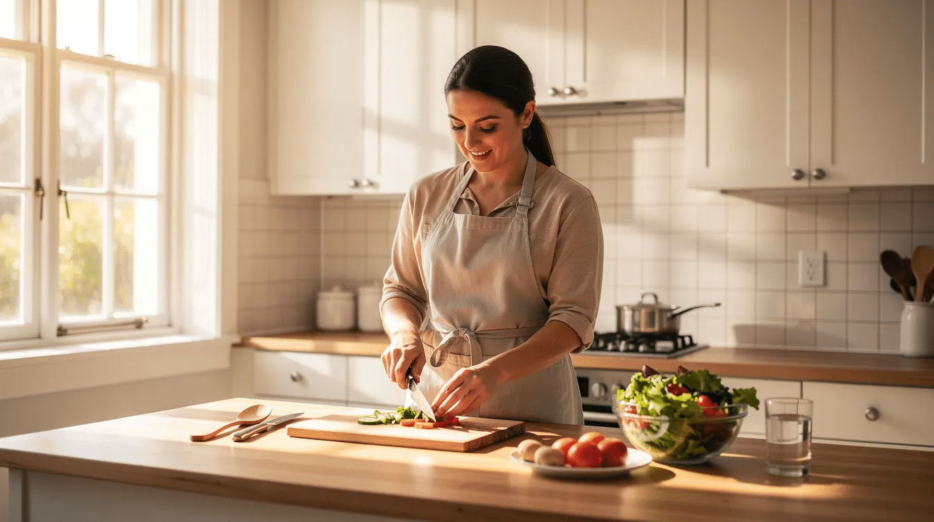 A caregiver prepares a healthy meal in a bright home kitchen, demonstrating how in-home assistance for the elderly supports nutrition, daily routines, and safe, independent living at home.
