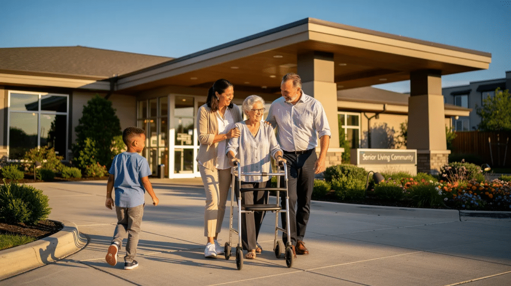 A family walks together into a senior living community, reflecting how homecare specialists in Charlotte & the Triangle help families navigate care decisions and support seniors through every stage of aging.