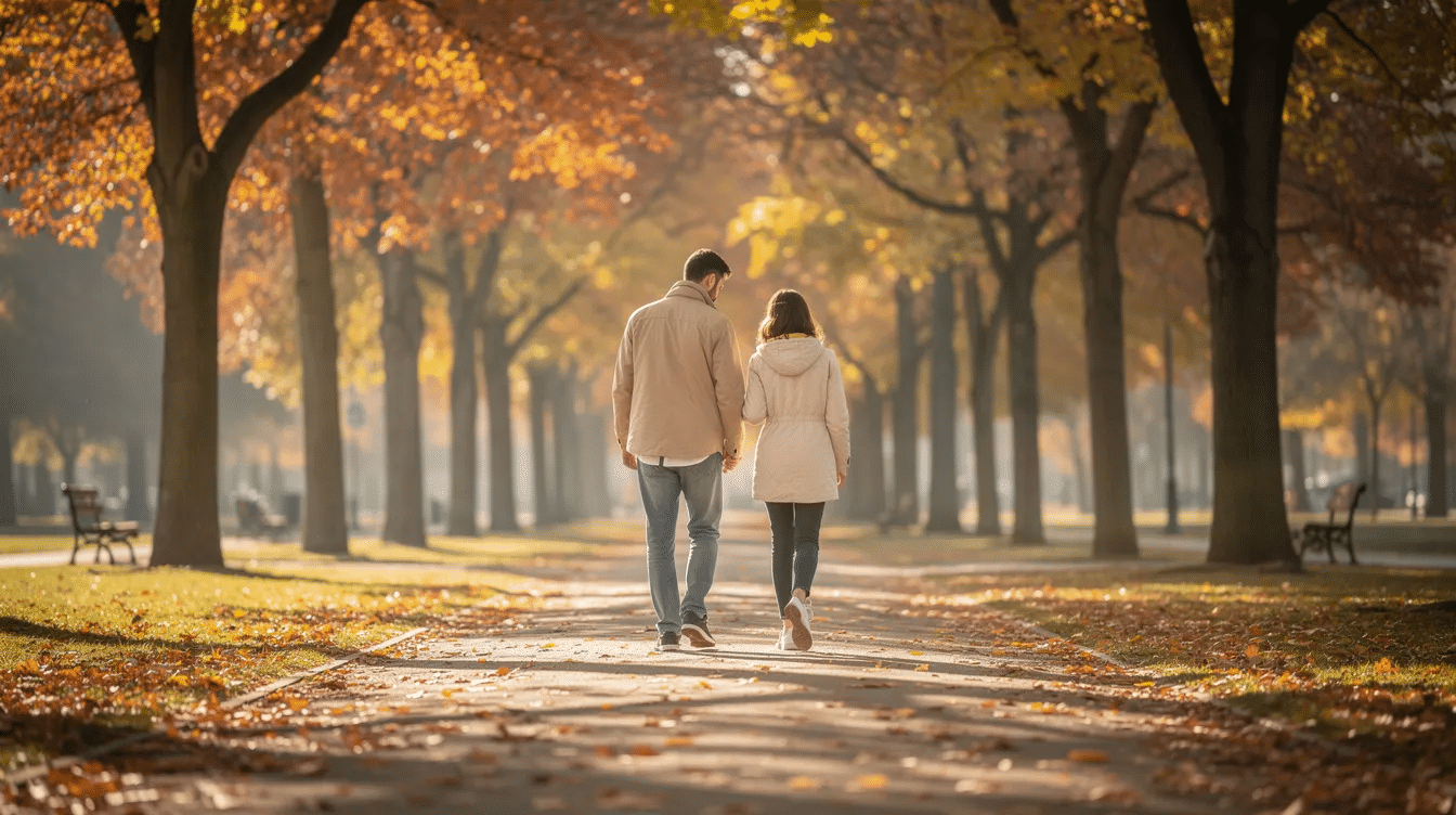 Two people are walking side by side along a tree-lined path in a park, surrounded by vibrant autumn foliage and bathed in warm sunlight. This serene scene reflects the importance of companionship and support, reminiscent of the compassionate caregivers who provide exceptional care for older adults in their own homes in chapel hill, nc.