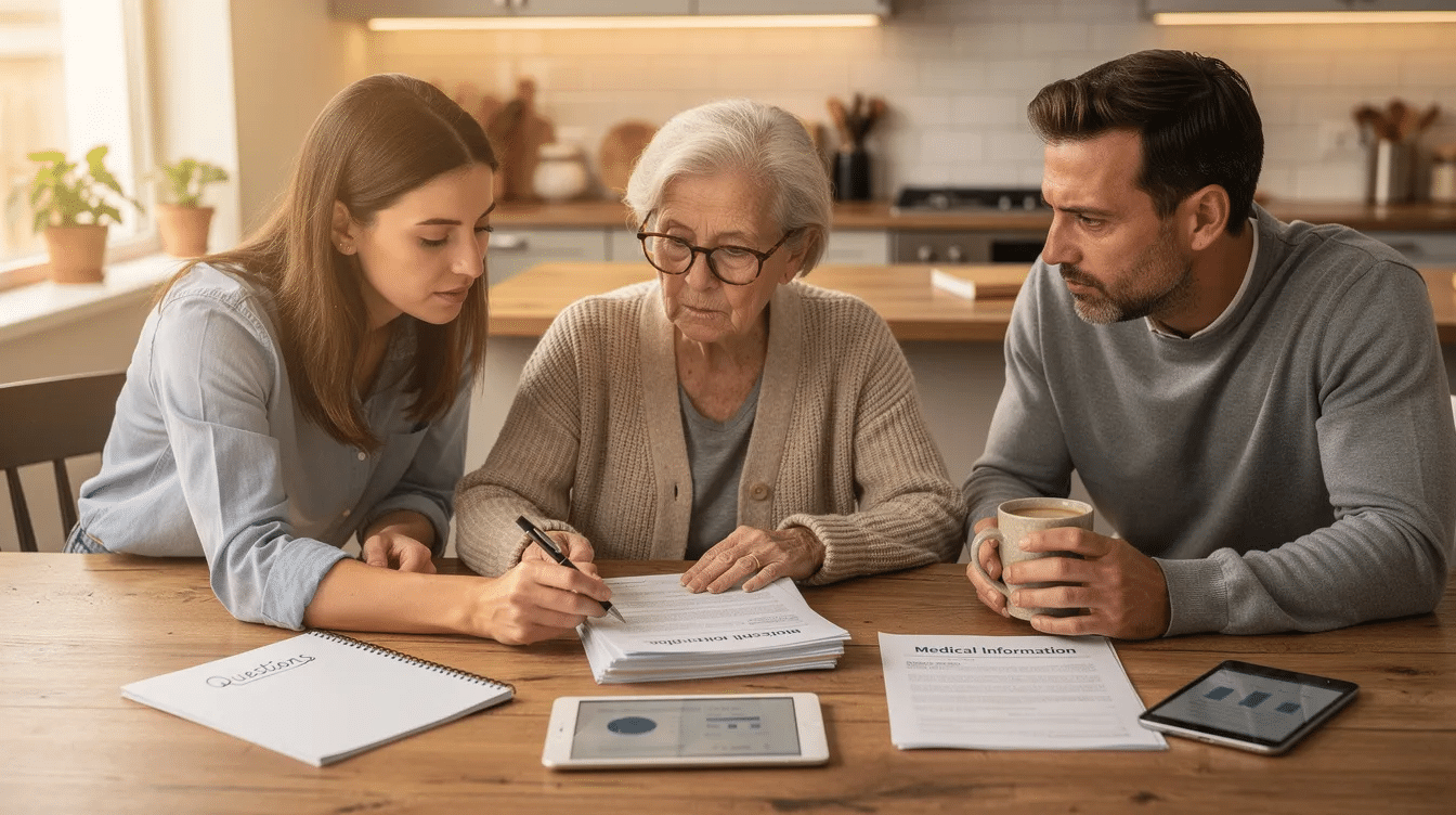 A family is gathered around a kitchen table, reviewing senior care paperwork that includes medical history and medication management for an older adult. This scene reflects the thoughtful consideration of assisted living options, ensuring the individual receives appropriate care and support for their daily living needs.