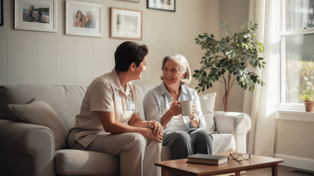 A caregiver and an older adult talk together in a comfortable living room, reflecting the supportive environment families often seek when determining who qualifies for assisted living and the right level of daily care.
