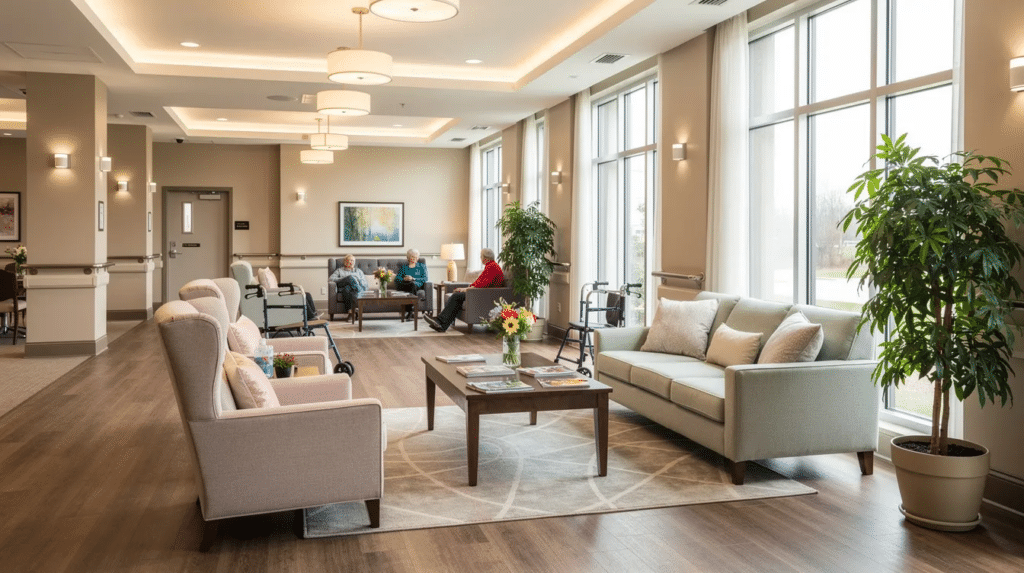 A bright common area in an assisted living community, reflecting the welcoming environment and amenities families can expect when exploring assisted living in Raleigh, NC.