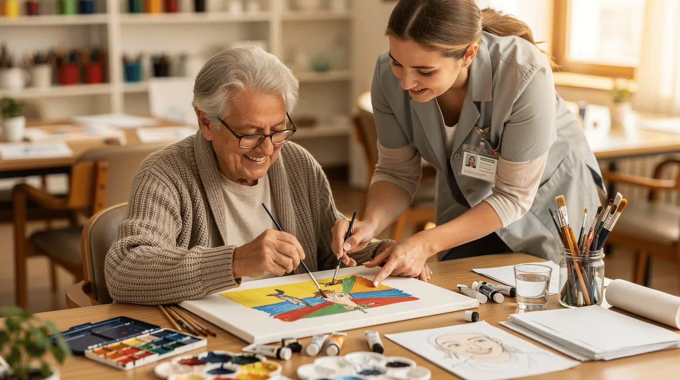 An elderly individual is engaged in a painting activity at a table filled with art supplies, while a caregiver provides assistance, promoting cognitive function and creativity in a supportive environment typical of memory care facilities. This scene highlights the benefits of art therapy in enhancing the quality of life for seniors with dementia.