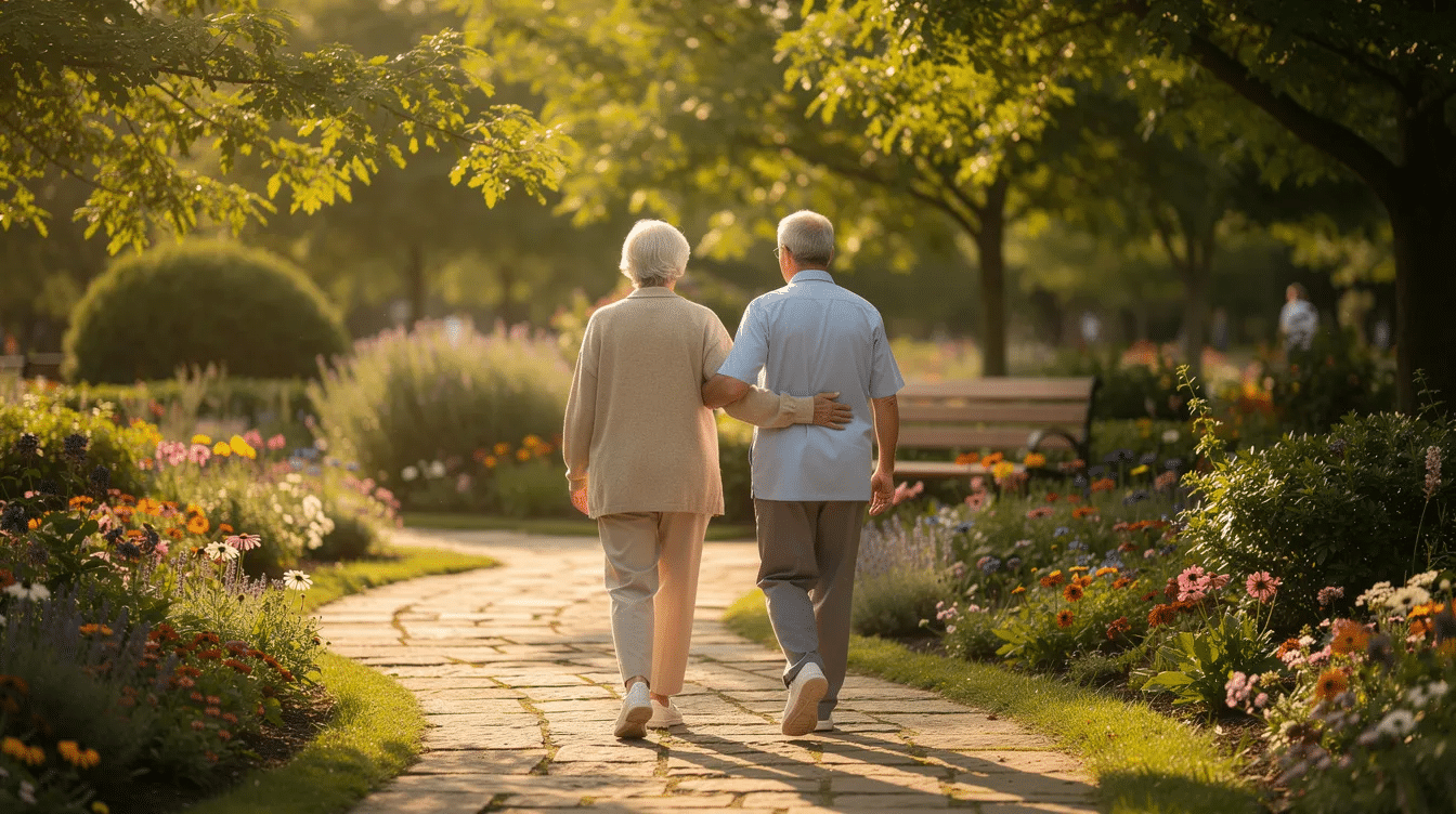 An elderly person is walking alongside a caregiver on a serene garden path, showcasing the compassionate support often found in memory care communities. This scene highlights the importance of specialized care and personal connections for seniors experiencing memory loss.