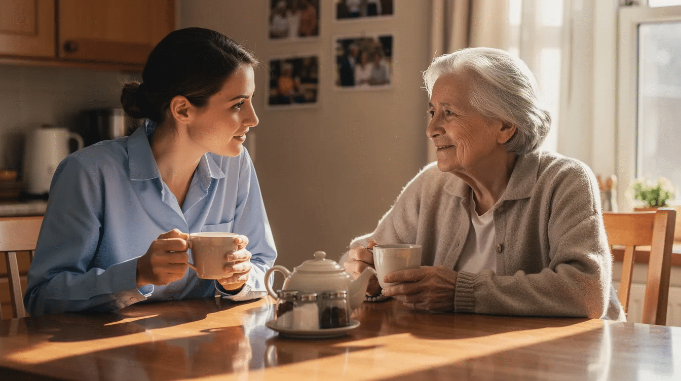 A compassionate caregiver and an elderly person share a quiet moment at a kitchen table, both enjoying cups of tea together. This scene reflects the essence of in-home care and the special bond formed through senior care services in chapel hill, nc.