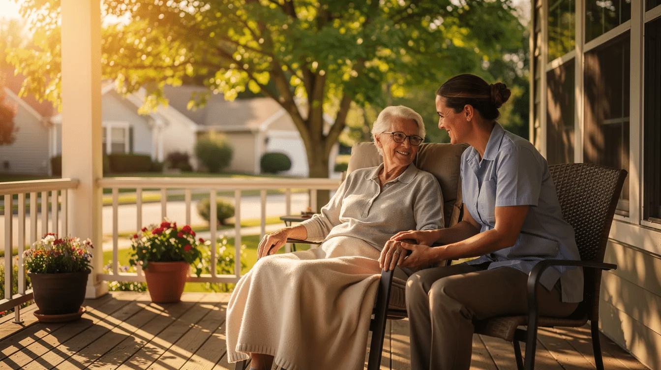 An elderly person and a compassionate caregiver sit together on a sunlit porch, surrounded by lush green trees in a residential neighborhood, enjoying a moment of connection and support. This scene reflects the essence of senior care in chapel hill, where in-home caregivers provide exceptional care and assistance to older adults in the comfort of their own homes.