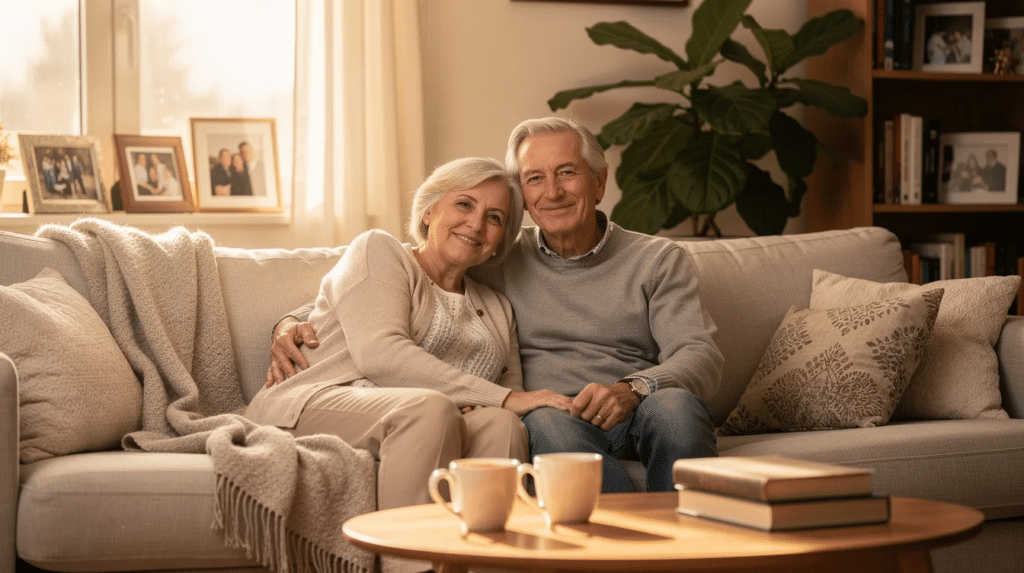 An older adult and a family caregiver sit together in a comfortable living room, highlighting how in-home assistance for the elderly provides companionship, personal care, and daily support that helps seniors remain independent at home.