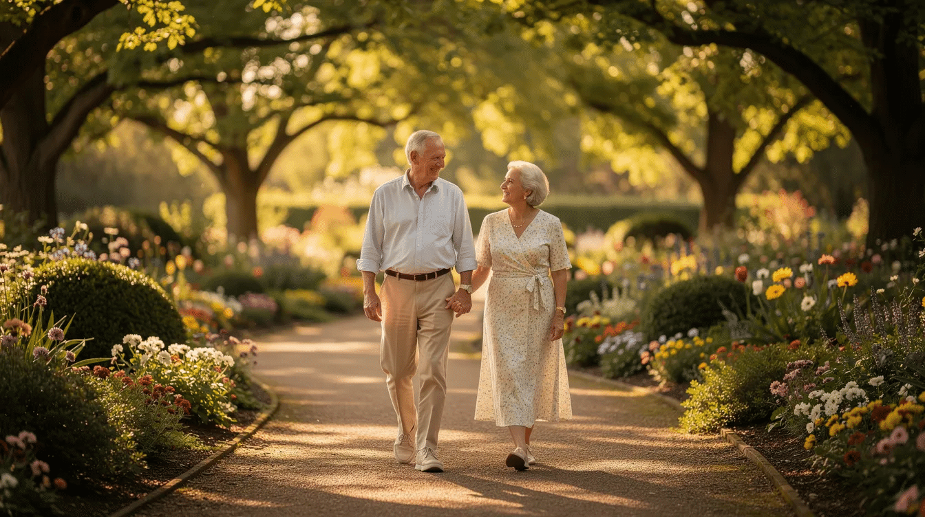 An older couple strolls hand-in-hand along a serene garden pathway, surrounded by vibrant blooming flowers and tall mature trees, embodying the essence of an active lifestyle in a senior living community. This peaceful setting promotes social interaction and well-being for residents enjoying retirement living in raleigh.