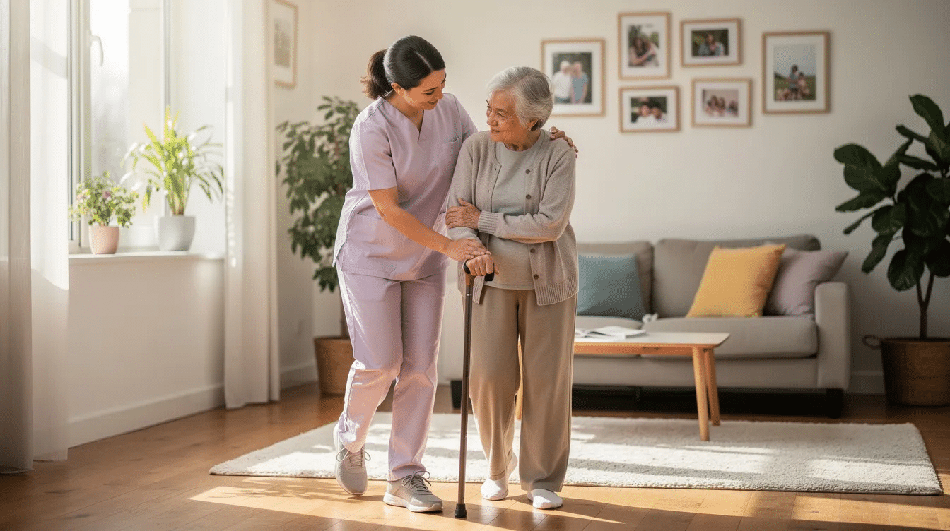 A caregiver assists an older adult while walking through a bright living room, demonstrating how homecare specialists in charlotte & the triangle provide compassionate, non-medical support that helps seniors remain safe and independent at home.