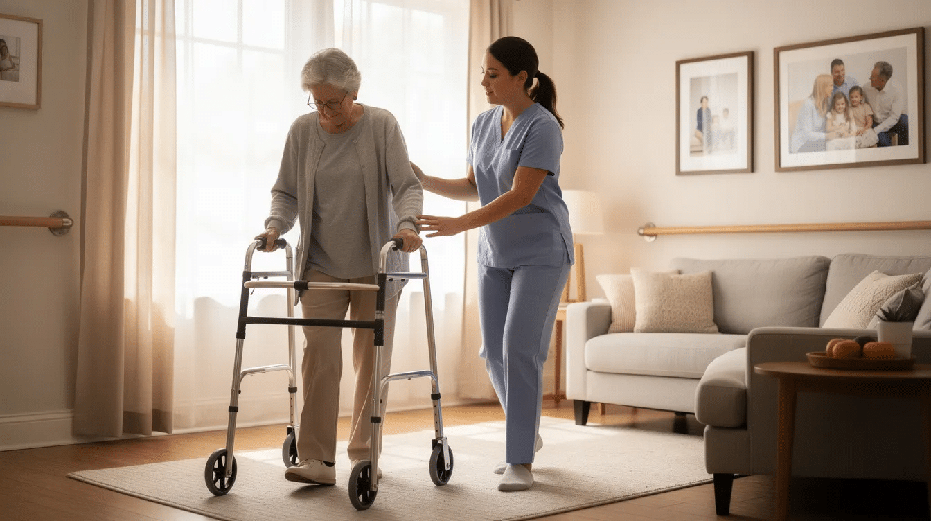 An older adult is walking safely in their home with a caregiver nearby, providing support for everyday activities and ensuring their well-being. This scene highlights the importance of home health services and caregivers in helping seniors live safely and independently in their own homes.