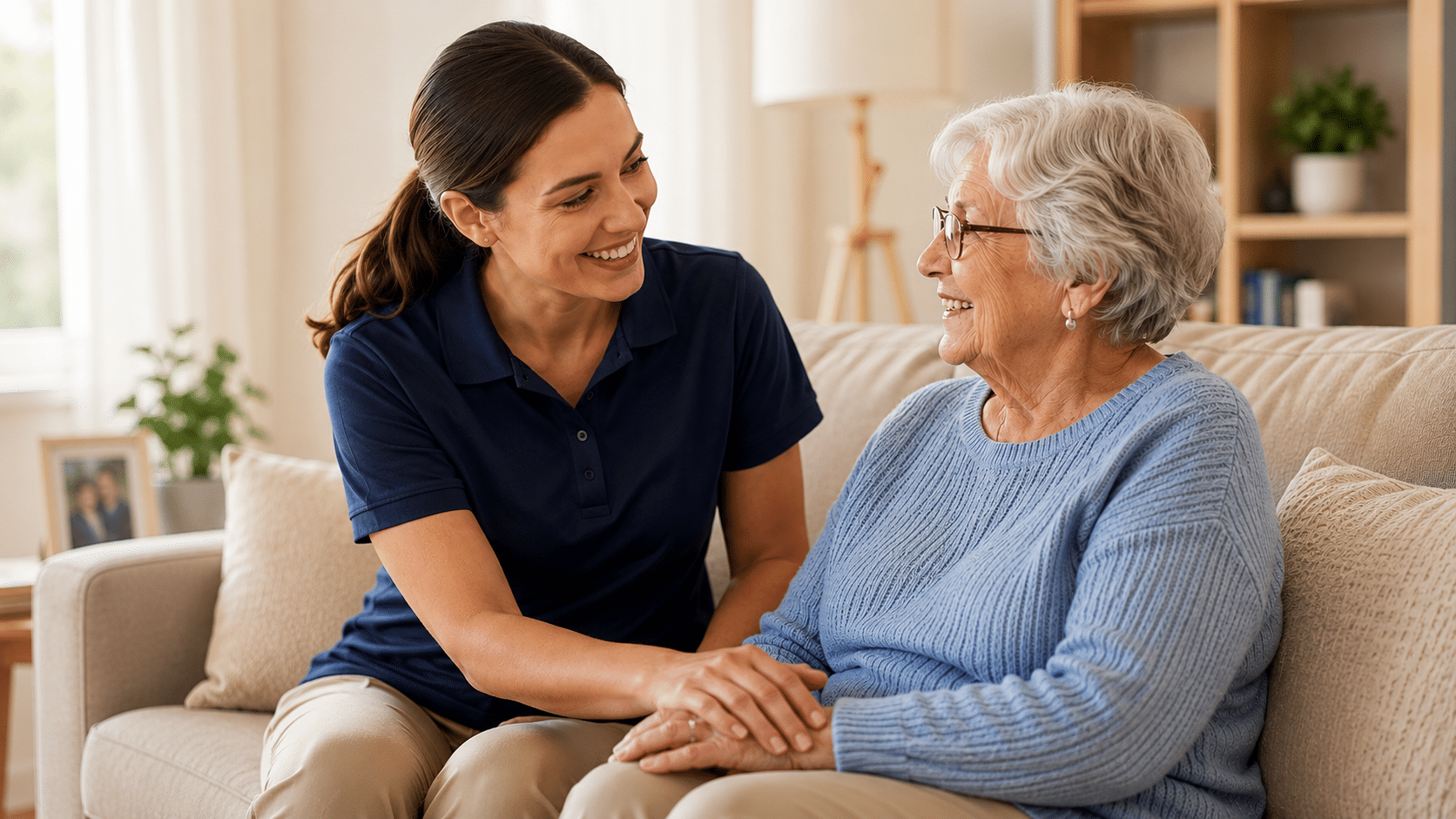 Professional caregiver providing in-home assistance and companionship to an elderly woman in a comfortable home environment.