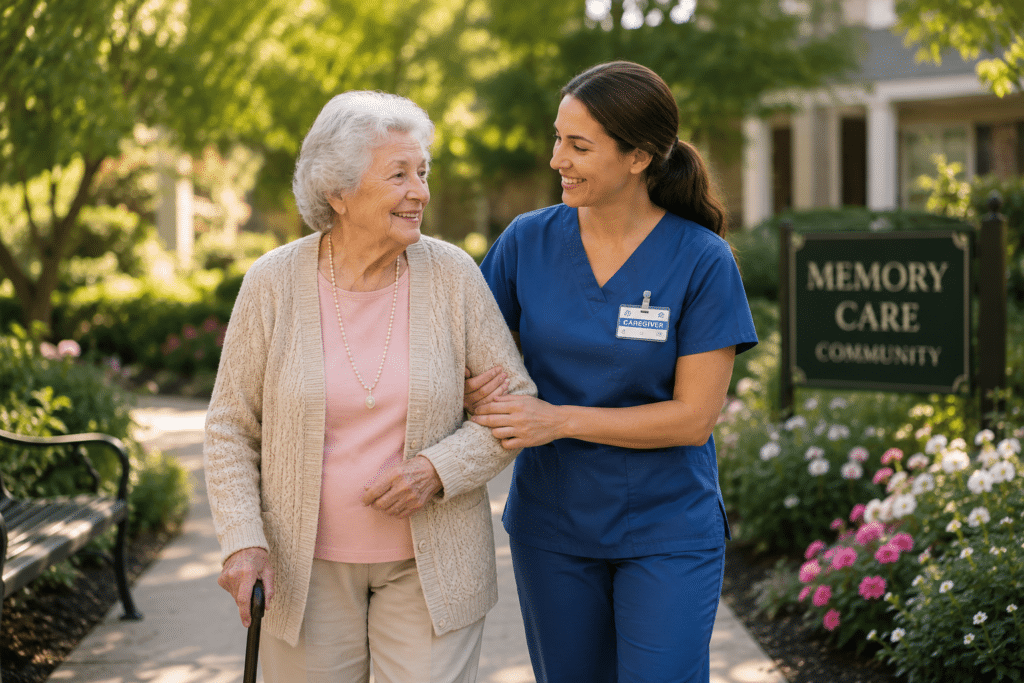 An older adult walks with a caregiver along a peaceful garden path, reflecting the safety, support, and personal connection families consider when comparing memory care options.