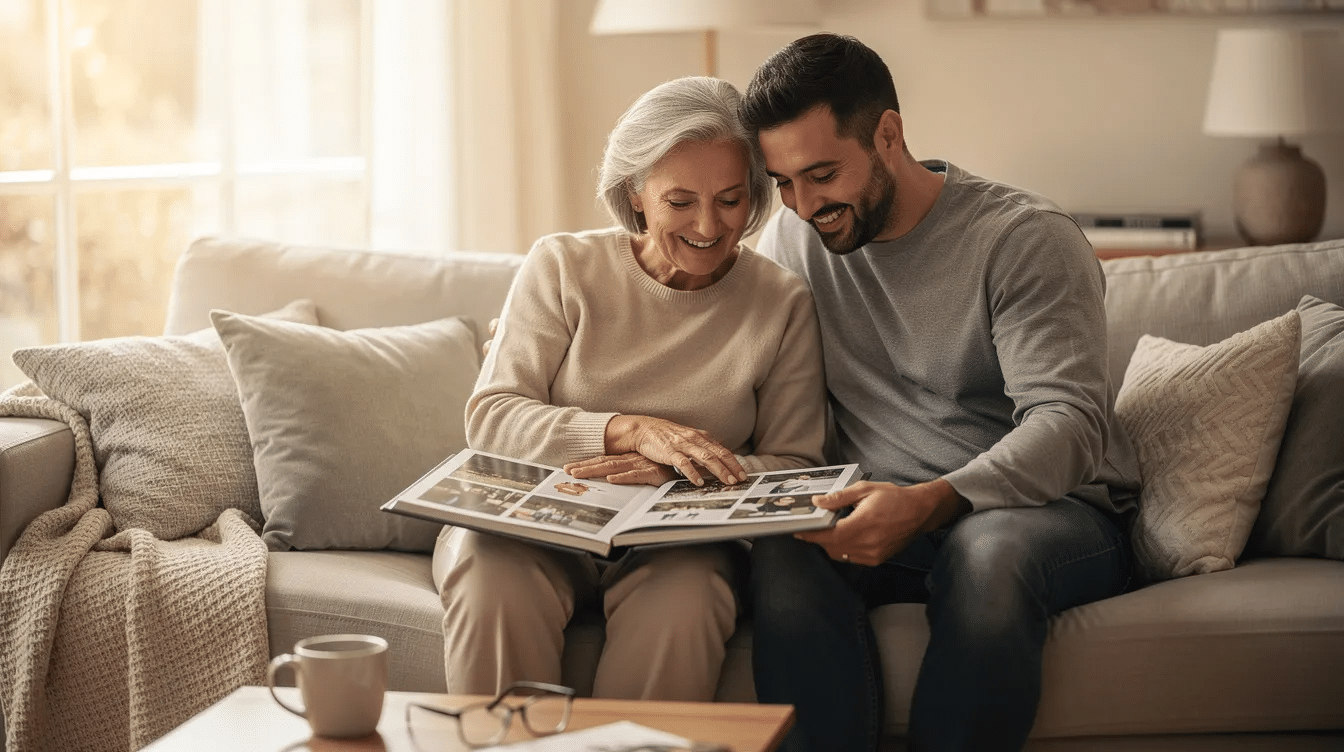 In a bright and comfortable room, a senior and a family member sit together, sharing moments as they look through a photo album, highlighting the importance of family connections in memory care settings. This scene embodies the supportive environment often found in assisted living facilities, where loved ones engage in reminiscence therapy to enhance cognitive function and overall well-being.