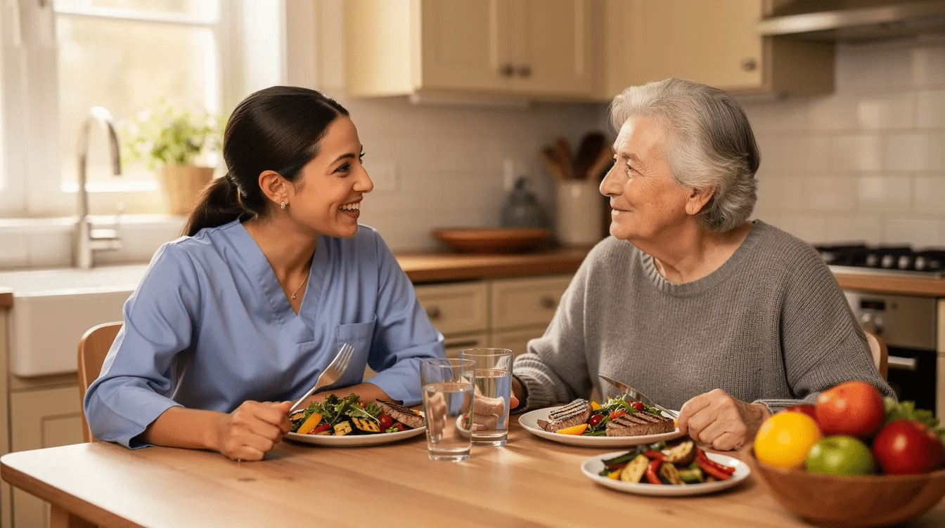 A caregiver and a senior are seated at a kitchen table, enjoying a healthy meal together, fostering companionship and support. This scene highlights the importance of home health services in promoting quality living and independence for seniors.