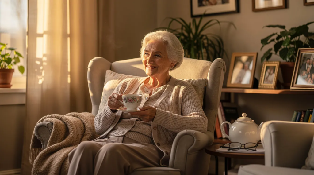 Help seniors age safely at home with compassionate in-home care services as an older adult relaxes comfortably in a bright living room.