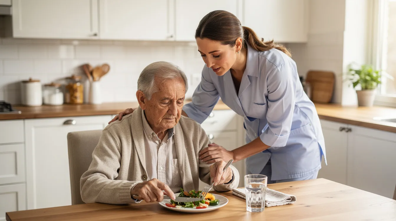 A caregiver is assisting an elderly man with his meal at a tidy kitchen table, highlighting the importance of personal care services in home care for seniors. The warm and supportive environment emphasizes the value of companionship and meal preparation in enhancing the quality of life for older adults.