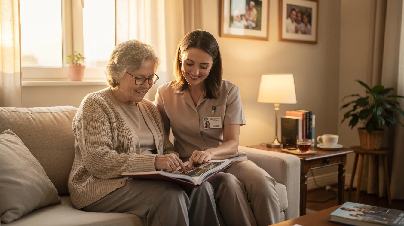 An older adult and a compassionate caregiver sit together in a cozy living room, flipping through a photo album filled with fond memories. This scene highlights the emotional support and social interaction that personalized care services provide, enhancing the well-being of seniors in their own homes.
