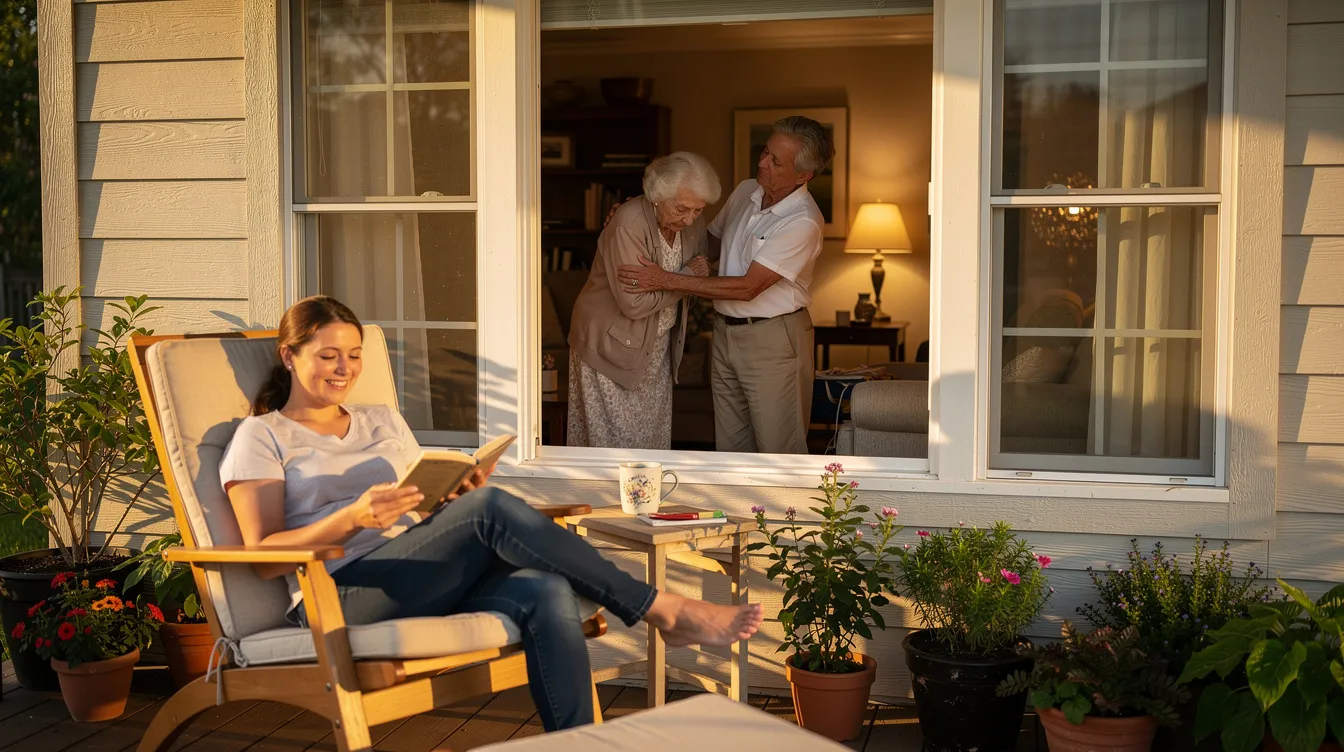 An adult daughter is peacefully reading on a porch while a compassionate caregiver assists her elderly mother inside, showcasing the importance of home health care services in providing support for daily living activities. The scene reflects the value of family connections and quality care for older adults in their familiar surroundings.