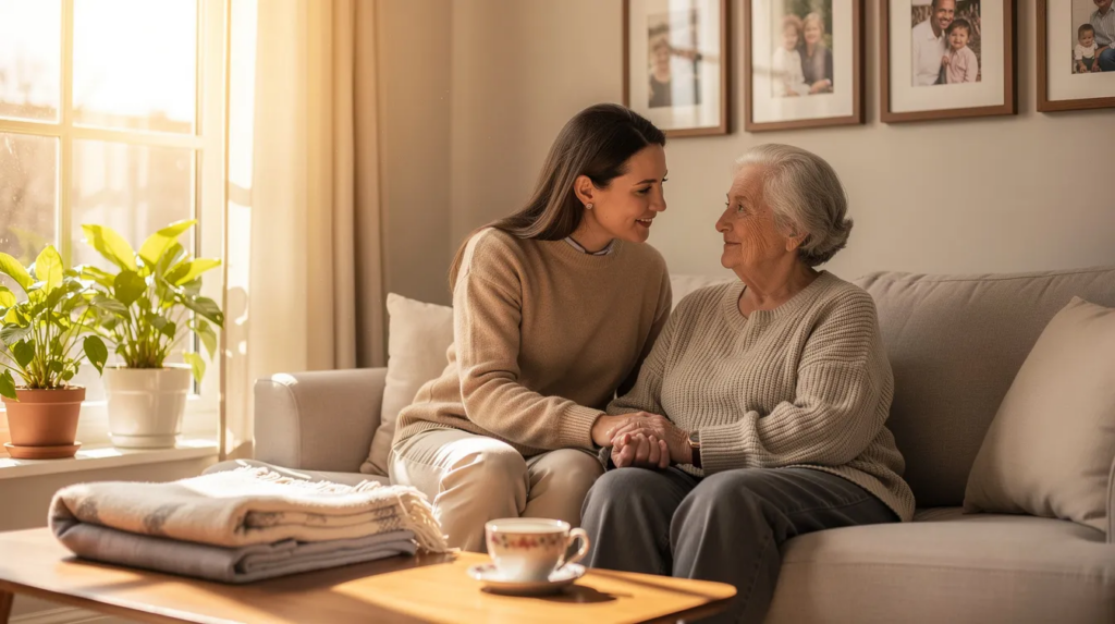 A caregiver and an older adult spend time together in a bright living room, showing how in-home care services for seniors in Durham, NC provide companionship, emotional support, and daily assistance.